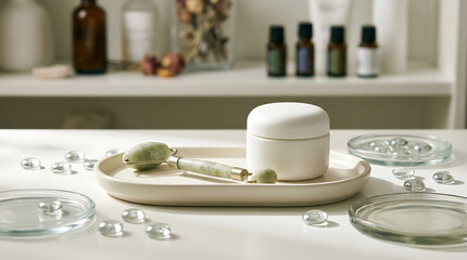Fototapeta premium White cosmetic jar with natural balm on a plate, representing sk