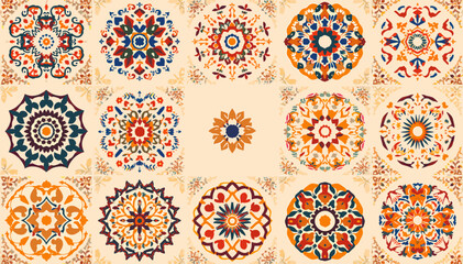 A vibrant collection of intricate circular patterns and mandalas with floral and geometric motifs in warm colors, resembling decorative tiles or cultural textile designs. © Warung