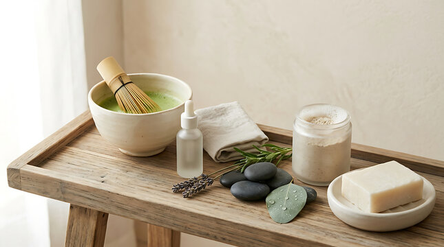 Natural soap and bath products arranged on a wooden tray for sel