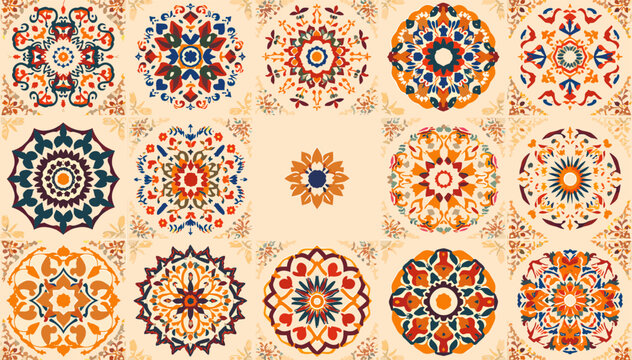 A vibrant collection of intricate circular patterns and mandalas with floral and geometric motifs in warm colors, resembling decorative tiles or cultural textile designs.