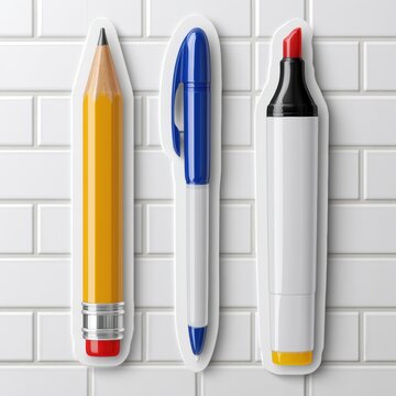 School writing tools displayed include a pencil, a pen, and a marker on a white tile background with thick white borders and drop shadows.