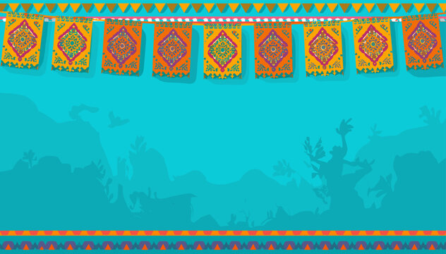 Vibrant teal background with traditional Indian-inspired decorative banners and subtle cultural silhouettes, perfect for festive occasions.