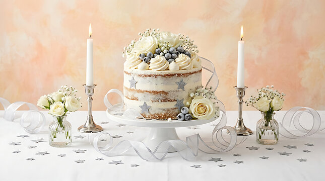 Elegant tiered wedding cake decorated with white frosting and be