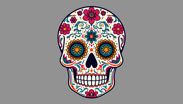 Vibrantly decorated sugar skull with intricate floral patterns and colorful details, set against a simple grey background, representing a traditional Calavera.