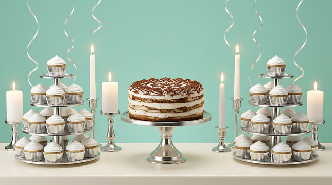 Tiered display of cupcakes and cake with lit candles for a celeb