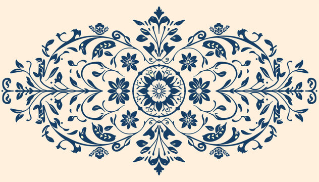 Elegant symmetrical floral and leaf ornamental design in dark blue on a light background, featuring a central medallion and intricate scrolling patterns.