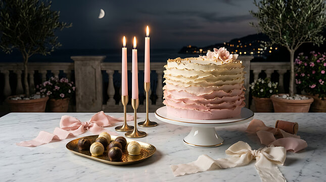 Elegant tiered wedding cake with pink ribbons on a scenic balcon
