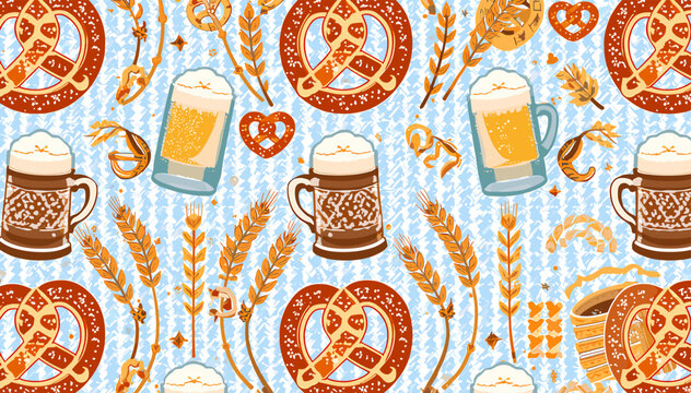 Seamless pattern featuring traditional Oktoberfest elements like beer mugs, pretzels, and wheat stalks on a striped blue background.