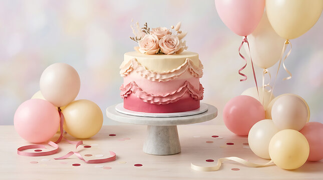 Pink tiered cake decorated with pastel pink and white balloons f