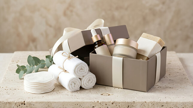 Skincare product collection in a box with face cloths