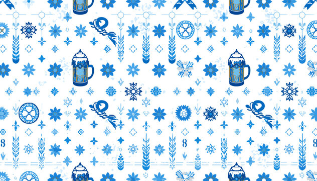 Seamless blue and white pattern featuring traditional Bavarian elements like beer steins, snowflakes, wheat, and folk art motifs.