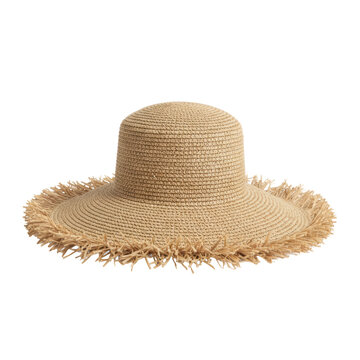 Handcrafted woven raffia sun hat with a wide frayed brim and organic straw texture isolated on a white studio background, evoking a summer vacation atmosphere