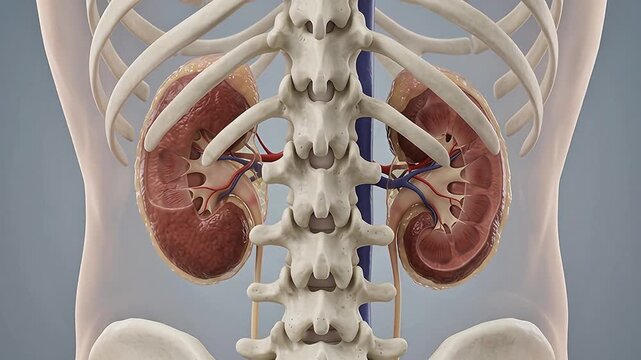 3D Medical Animation of Human Bilateral Kidney Anatomy Cross Section with Adrenal Glands, Renal Vessels, Spine and Ribcage on Gray Background