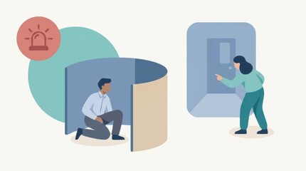 Illustration shows two individuals reacting to a threat. One person is hiding behind a barrier while the other signals toward a safe exit.
