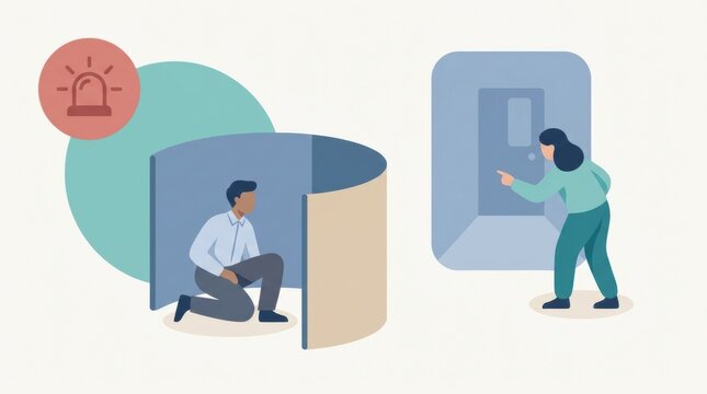 Illustration shows two individuals reacting to a threat. One person is hiding behind a barrier while the other signals toward a safe exit.