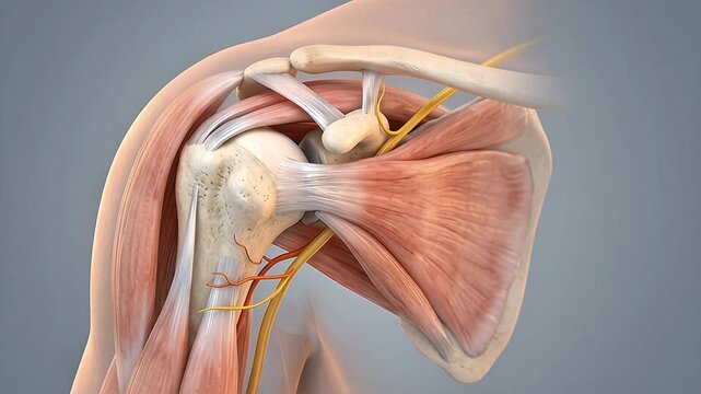 3D Medical Animation of Human Shoulder Joint Anatomy with Rotator Cuff Muscles, Tendons, Humerus, Clavicle and Nerves on Gray Background