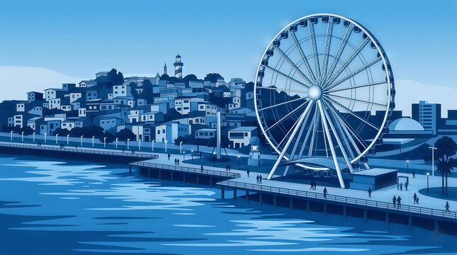 Ilustraci&oacute;n azul del Malec&oacute;n 2000 de la ciudad de Guayaquil-Ecuador