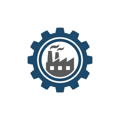 Obraz premium A blue gear icon featuring a grey factory silhouette inside it