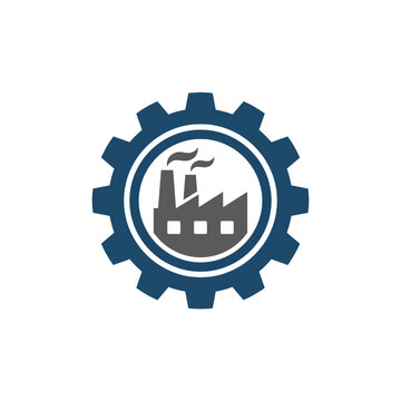 A blue gear icon featuring a grey factory silhouette inside it