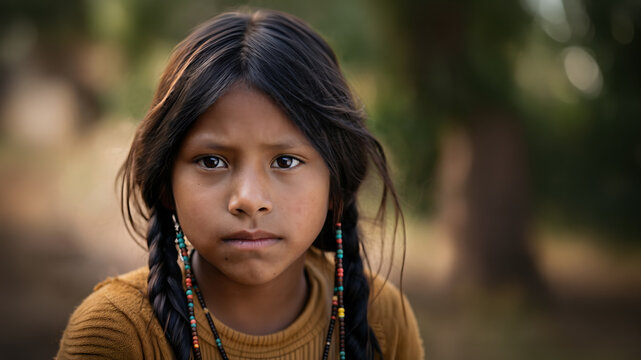 A close-up portrait of a young Indigenous American girl with braided dark hair and beaded jewelry, looking directly at the viewer against a blurred natural background.