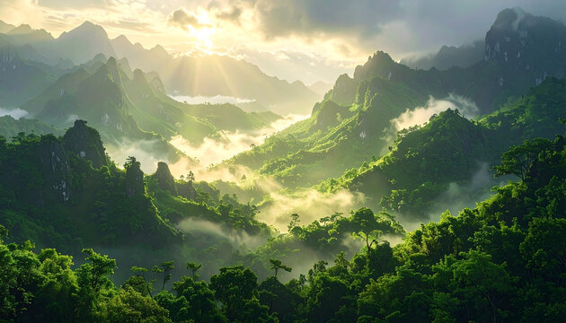 Golden sunrise over lush green misty mountain valley