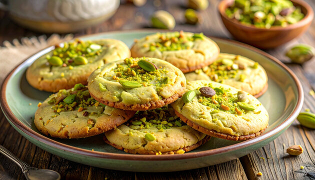 Homemade Pistachio Cookies with Crushed Nuts on a Ceramic Plate