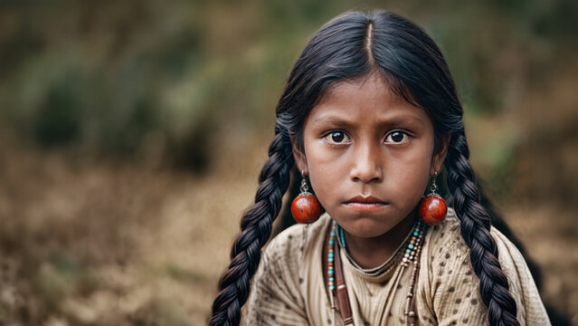 A close-up portrait of a serious young Native American girl with long dark braids, large round red earrings, and layered beaded necklaces against a blurred natural earth-toned background.