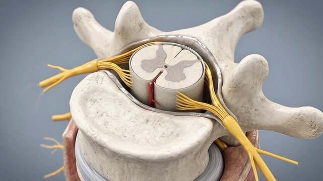 3D Medical Animation of Human Vertebra Cross Section Anatomy with Spinal Cord, Nerve Roots, Dura Mater and Vertebral Canal on Gray Background