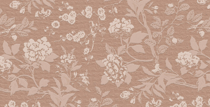A dusty rose textured background featuring an elegant embossed floral pattern of roses and leaves.