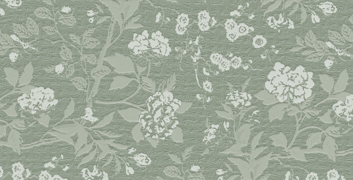 A muted sage green textured background featuring an elegant embossed floral pattern of roses and leaves.