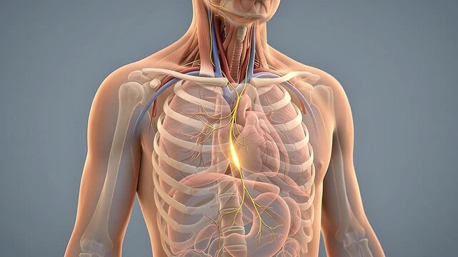 3D Medical Animation of Human Upper Body Anatomy with Vagus Nerve, Heart, Lungs, Trachea, Ribcage and Transparent Skin on Gray Background