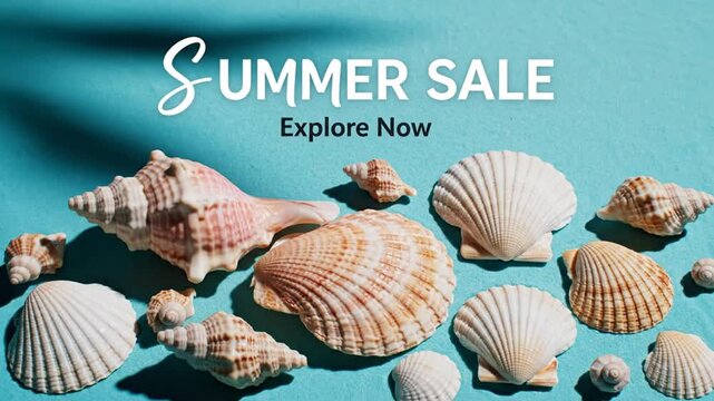 A vibrant assortment of seashells on display for a summer sale event indoors.