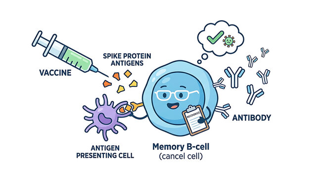 Medical illustration shows a vaccine interacting with a Memory B-cell and an Antigen Presenting Cell to produce Antibodies against a Virus.