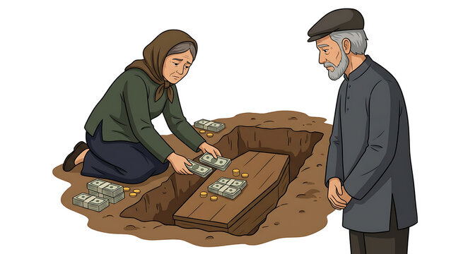 Man and woman burying money in a hole in the ground together