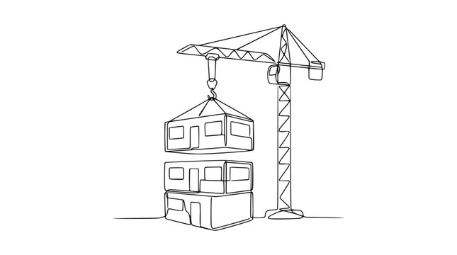 Crane building modular house, construction, housing, architecture, engineering, minimalist line art