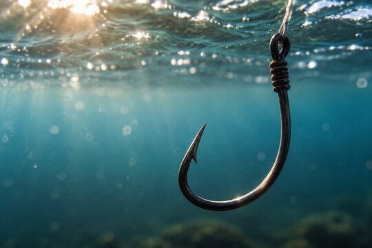 Close-up of a fish hook underwater, sunlight creating shimmering reflections on the surface.