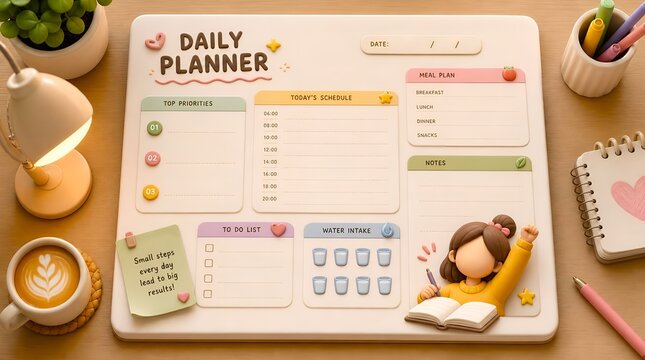 Daily Planner with Schedule Tasks and Cute Girl Figure