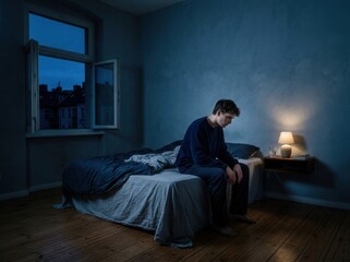Fototapeta premium Teenage Boy Sitting On Bed In Dark Room Feeling Lonely And Sad At Night