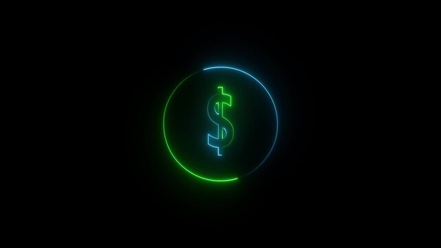 neon Dollar coin icon for finance and currency applications in black background