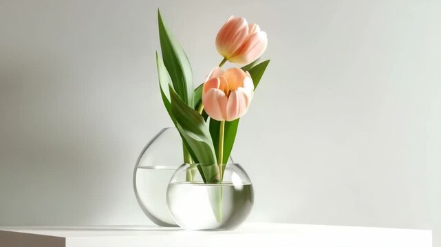 Fresh pink tulips stand elegantly in glass vases atop a shelf. Soft natural light highlights their delicate petals, creating a calm and inviting atmosphere in a cozy space.