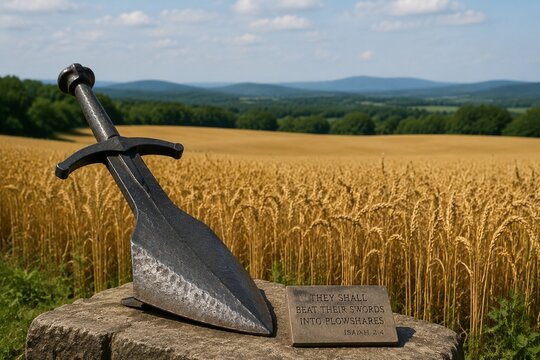 Sword transformed into a plowshare placed before a field of wheat, symbolic change.