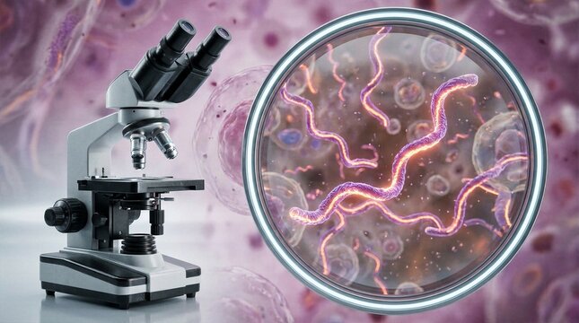 Scientific optical microscope revealing glowing stringy viral pathogens under magnification for disease research.