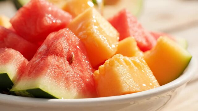 Fresh watermelon cantaloupe fruit summer juicy sweet healthy snack dessert closeup bowl vibrant colors cubes white bowl with juicy texture and natural light, refreshing and appetizing healthy summer