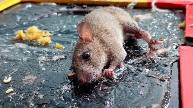 A rat trapped on a glue trap a concept for effective household pest control