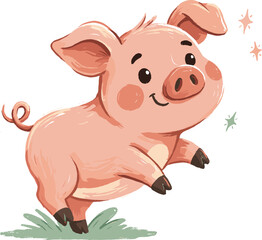 Fototapeta premium Cute cartoon pig vector character featuring a happy smiling pink piglet jumping on green grass with sparkles for children nursery design projects