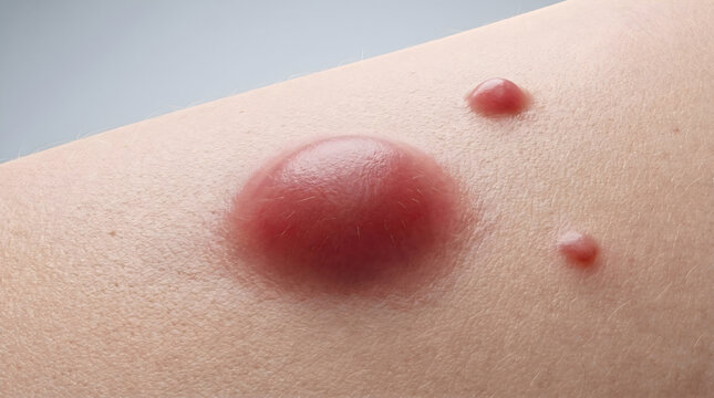 Inflamed red nodule develops on surface layer of human skin.Illustrates dermatological conditions for pathology treatment analysis. 3D rendering.