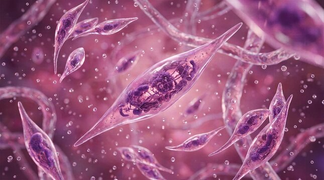 Detailed rendering of dangerous parasitic organisms swimming through human tissue illustrating viral outbreaks and healthcare research.