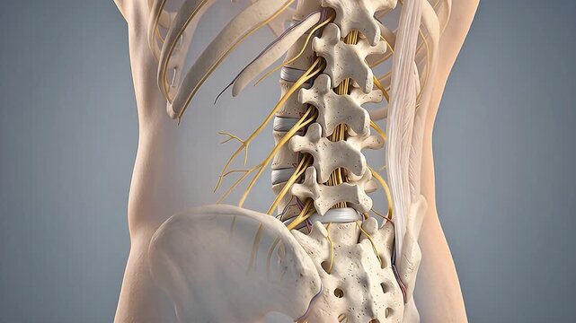 3D Medical Animation of Lumbar Spine Vertebrae with Spinal Nerves and Intervertebral Disc on Gray Background