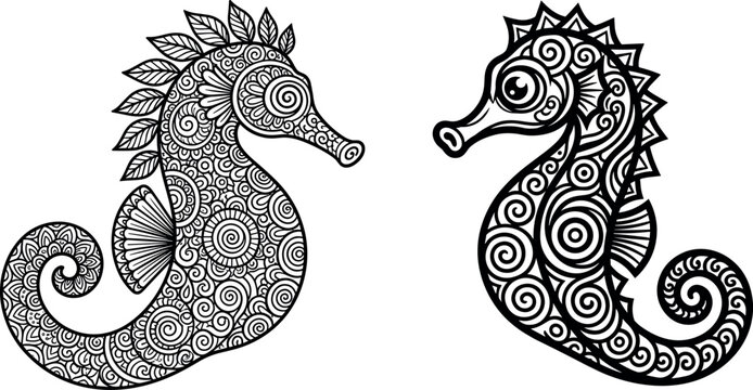 Seahorse zentangle line art vector set featuring intricate mandala patterns and swirl details for adult coloring book page,