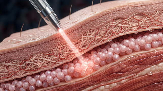 Advanced laser pen stimulates subdermal collagen fibers directly.Reduces aging wrinkles and enhances firm youthful look. 3D rendering.